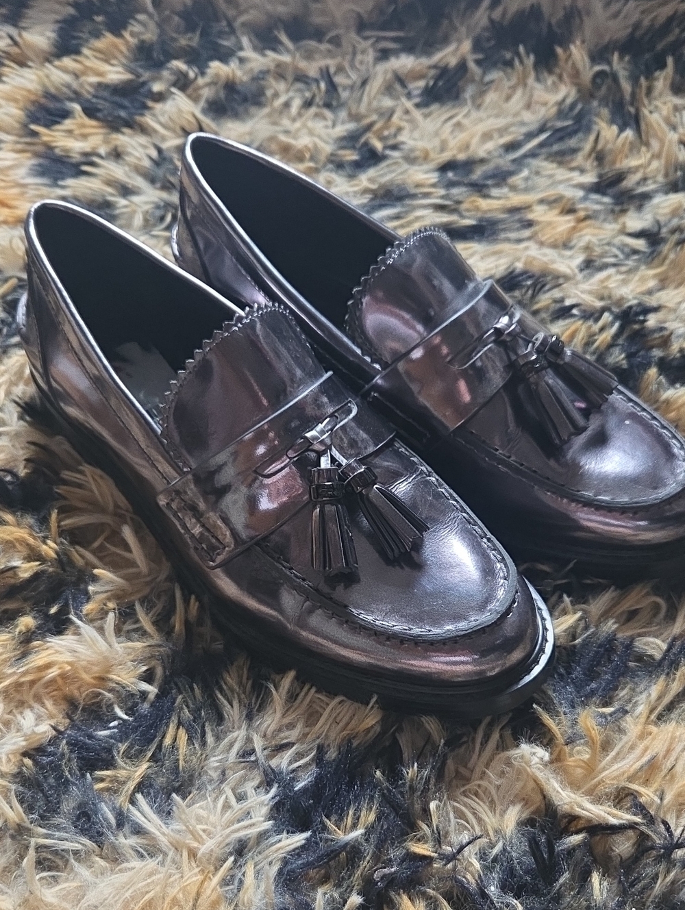 Metallic Tassel Loafers for Women- Shiny Black